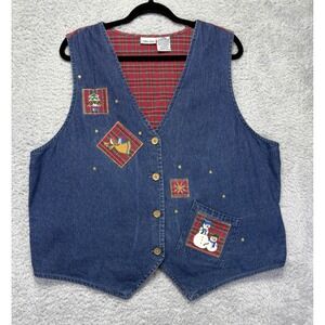 Vtg Cabin Creek Women's 18W Christmas Vest Lightweight Denim‎ Plaid Snowman